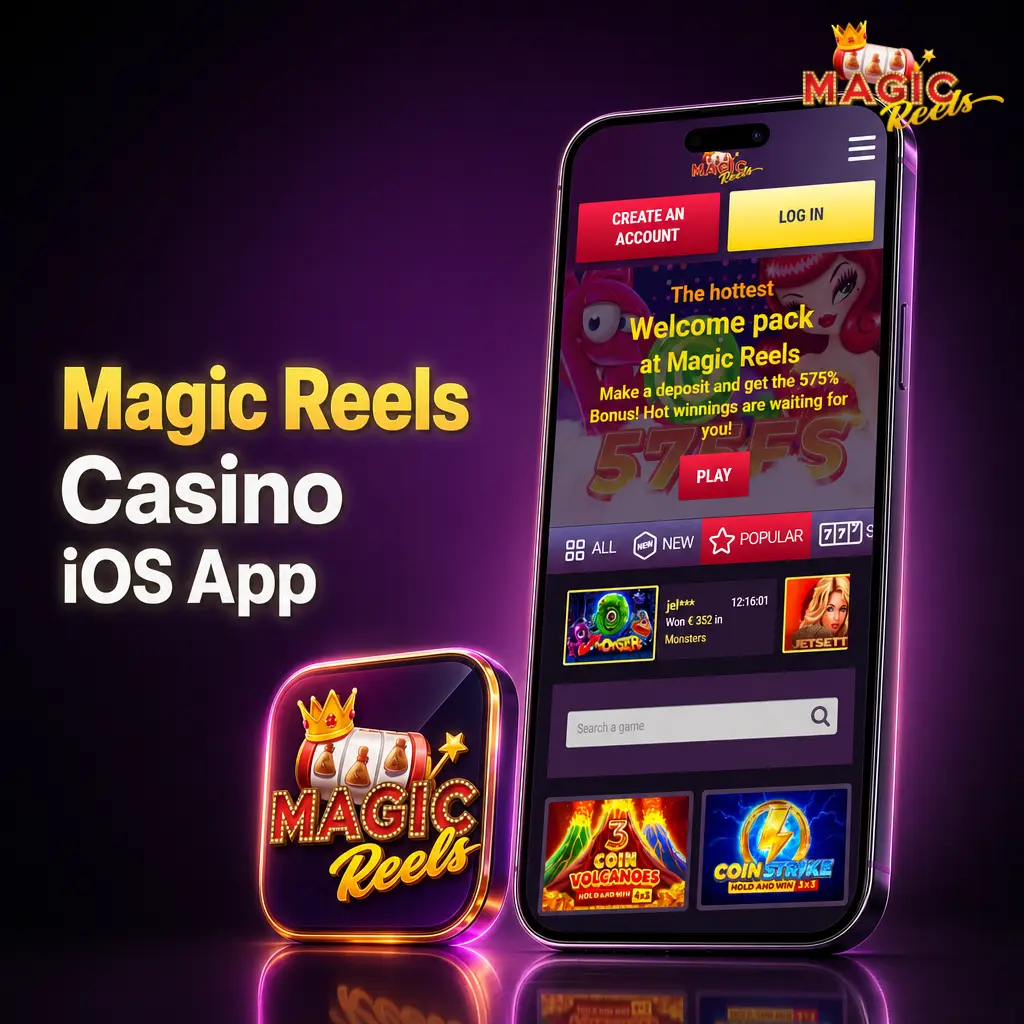 Magic Reels Casino iOS app displayed on iPhone and iPad, featuring live betting, casino games, deposits and withdrawals