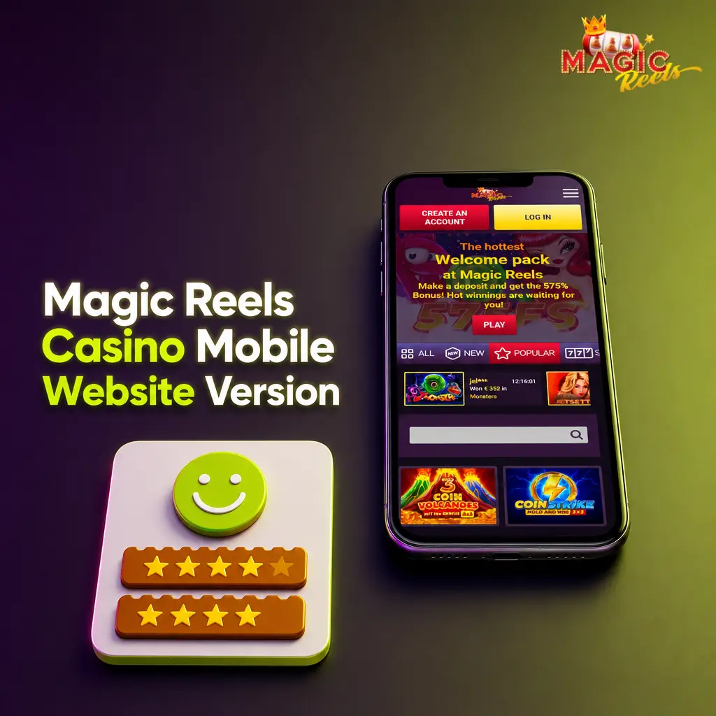 Magic Reels Casino mobile website interface on smartphone, showing casino games and sports betting accessible via browser