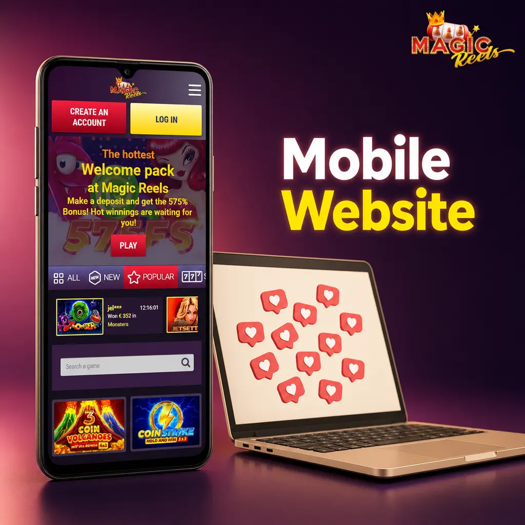 Magic Reels Casino mobile website optimised for smartphones and tablets with full game library and live betting