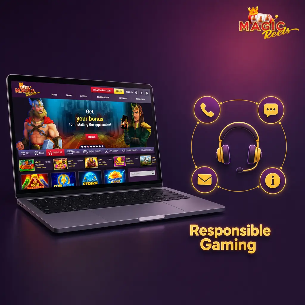 Magic Reels Casino responsible gaming tools including deposit limits, self-exclusion, and support links for UK players
