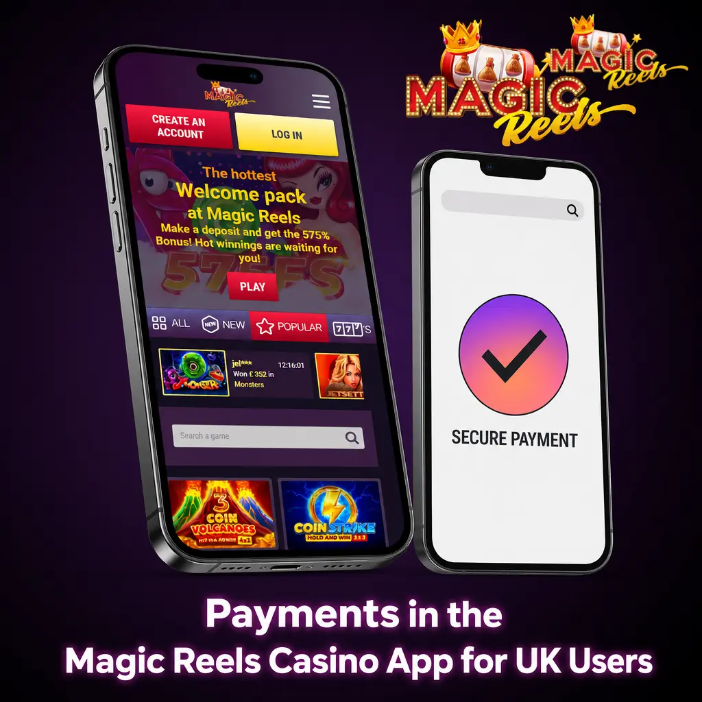 Magic Reels Casino app payment methods for UK users showing Visa, Mastercard, and USDT ERC20 crypto options