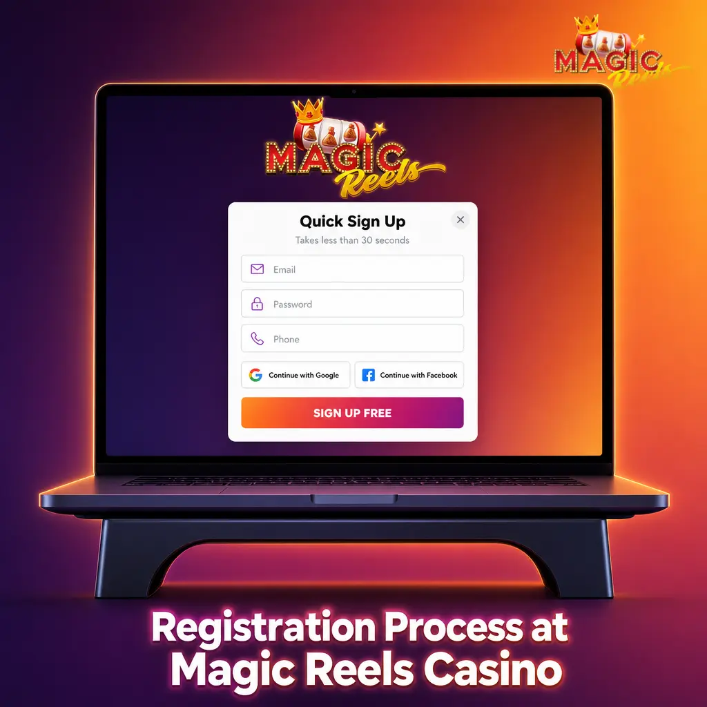 Step-by-step Magic Reels Casino registration process showing sign-up form, email verification, and first deposit stages