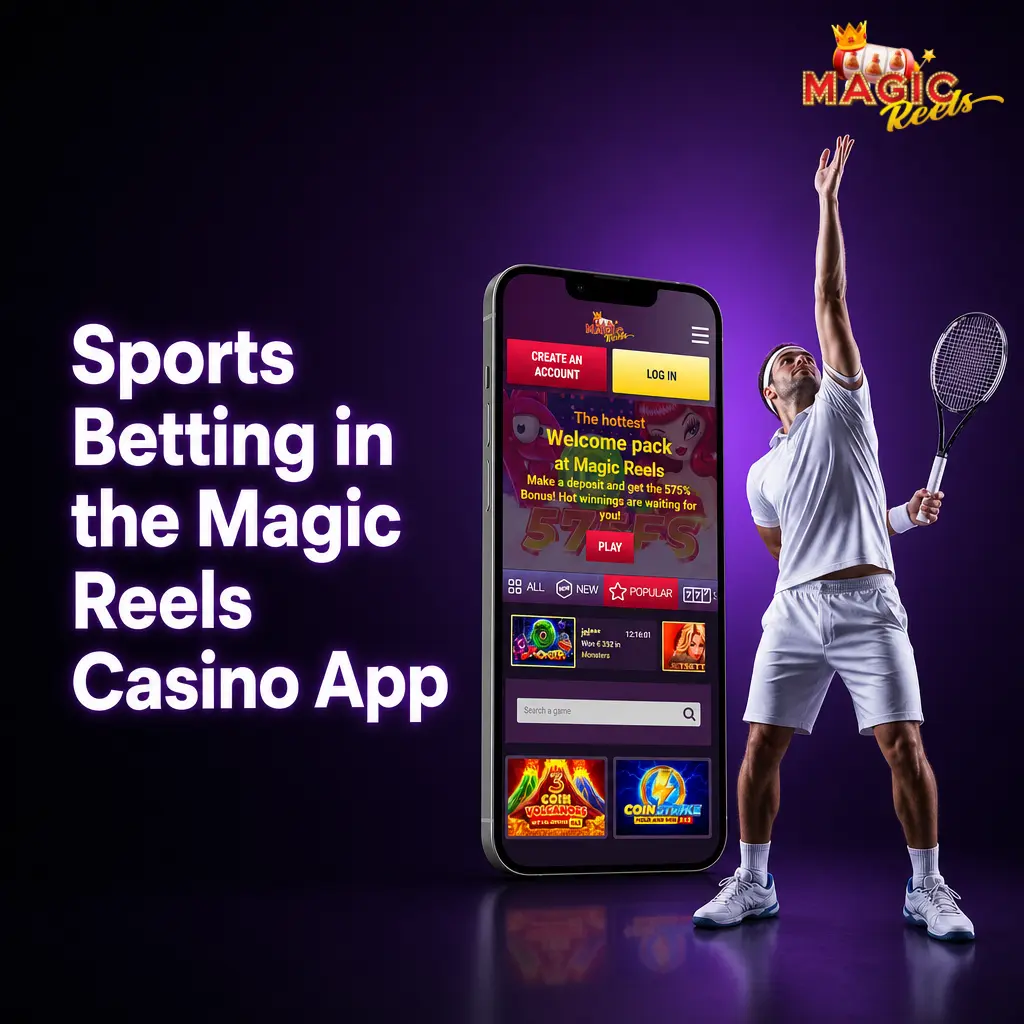 Magic Reels Casino app sports betting interface showing football, tennis, cricket, horse racing and eSports markets for UK players