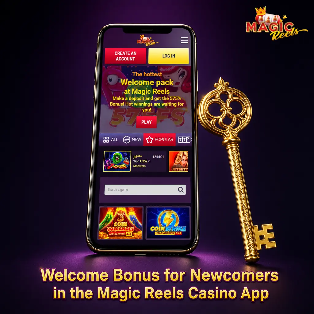 Magic Reels Casino app welcome bonus tiers showing deposit amounts from 20 EUR with percentage bonuses up to 200%