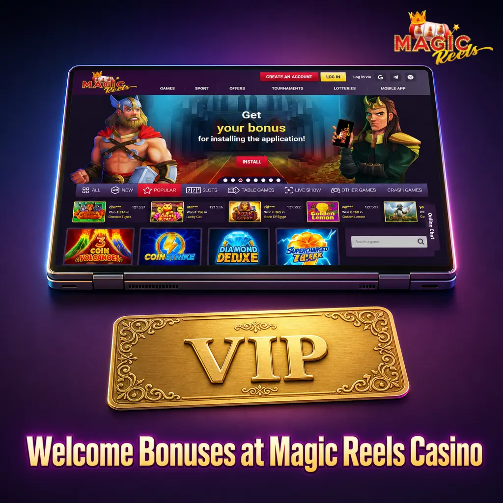 Magic Reels Casino welcome bonus tiers table showing five deposit options from EUR 20 to EUR 750 with x45 wagering