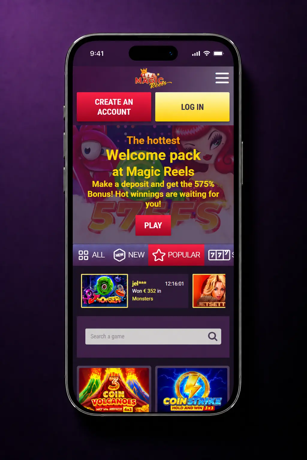 Magic Reels Casino app withdrawal steps showing login, cashier menu, method selection, and amount entry from EUR 20