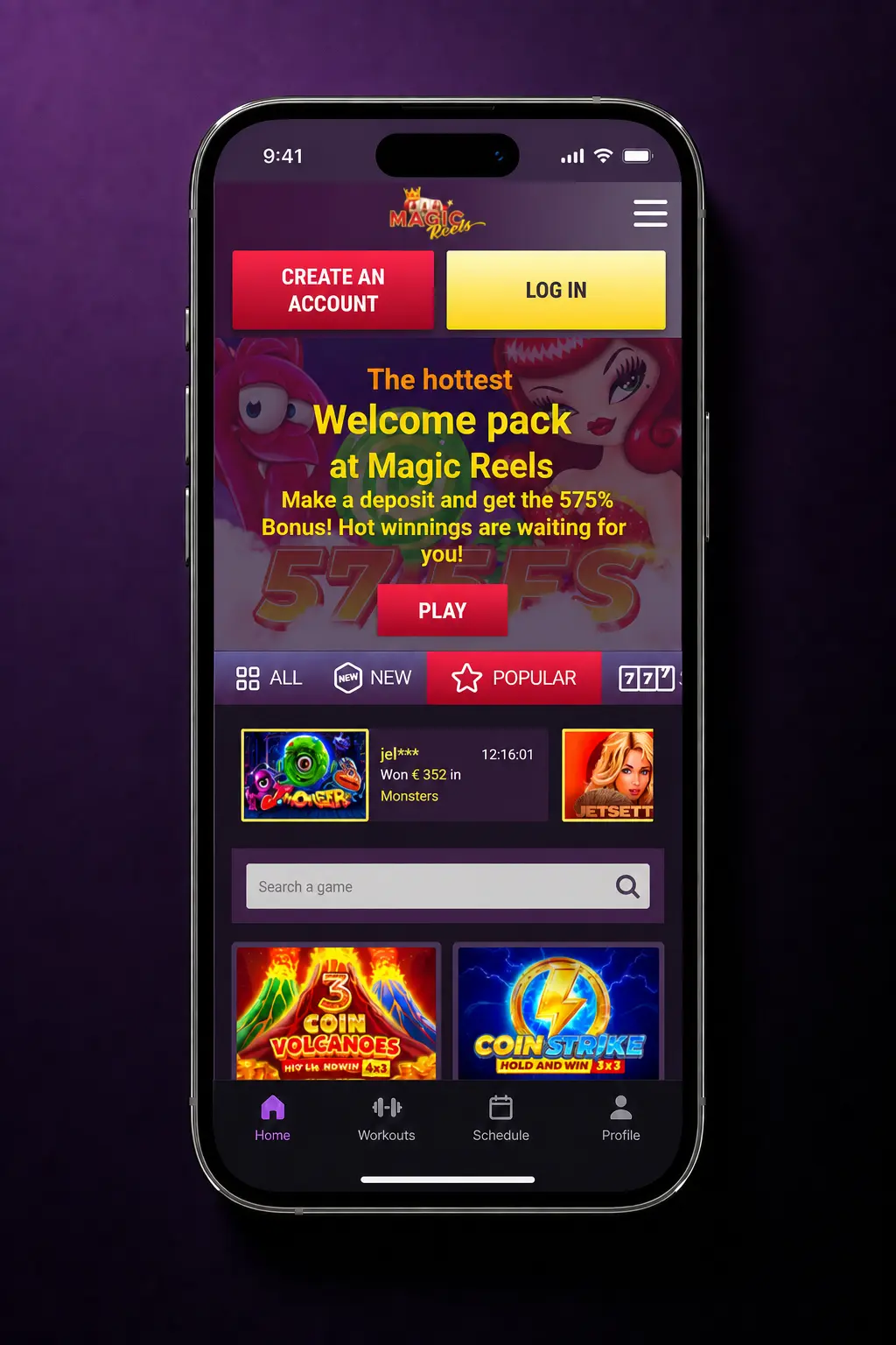Magic Reels Casino app withdrawal steps showing minimum EUR 20 limit with VISA, Mastercard, and USDT options