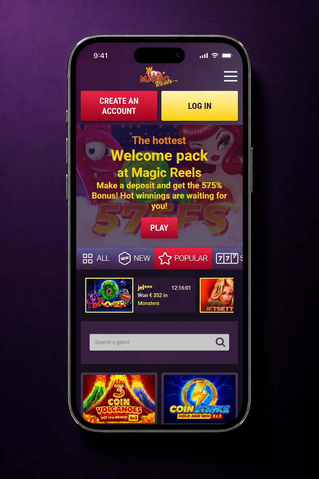Magic Reels Casino app withdrawal steps showing minimum EUR 20 limit with no fees via VISA, Mastercard or USDT