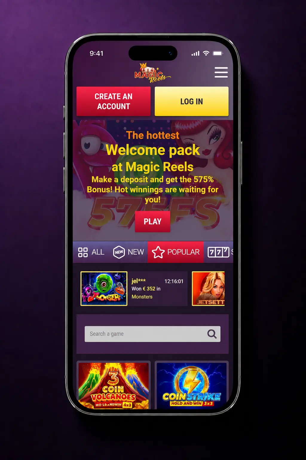 Magic Reels Casino app withdrawal process showing step-by-step guide with EUR 20 minimum and no fees